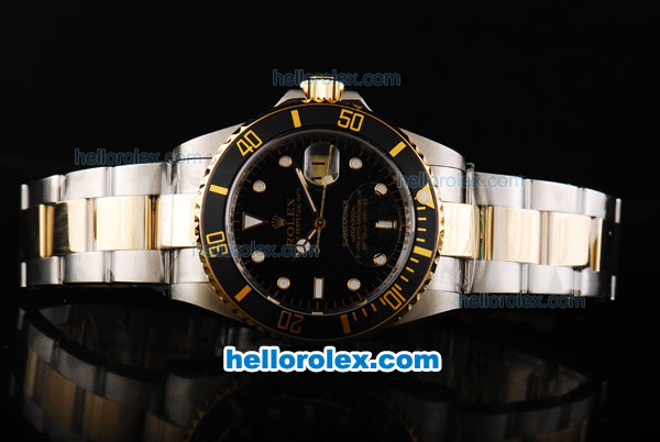 Rolex Submariner Swiss ETA 2836 Automatic Movement Two Tone with Black Bezel Black Dial and White Markers - Click Image to Close